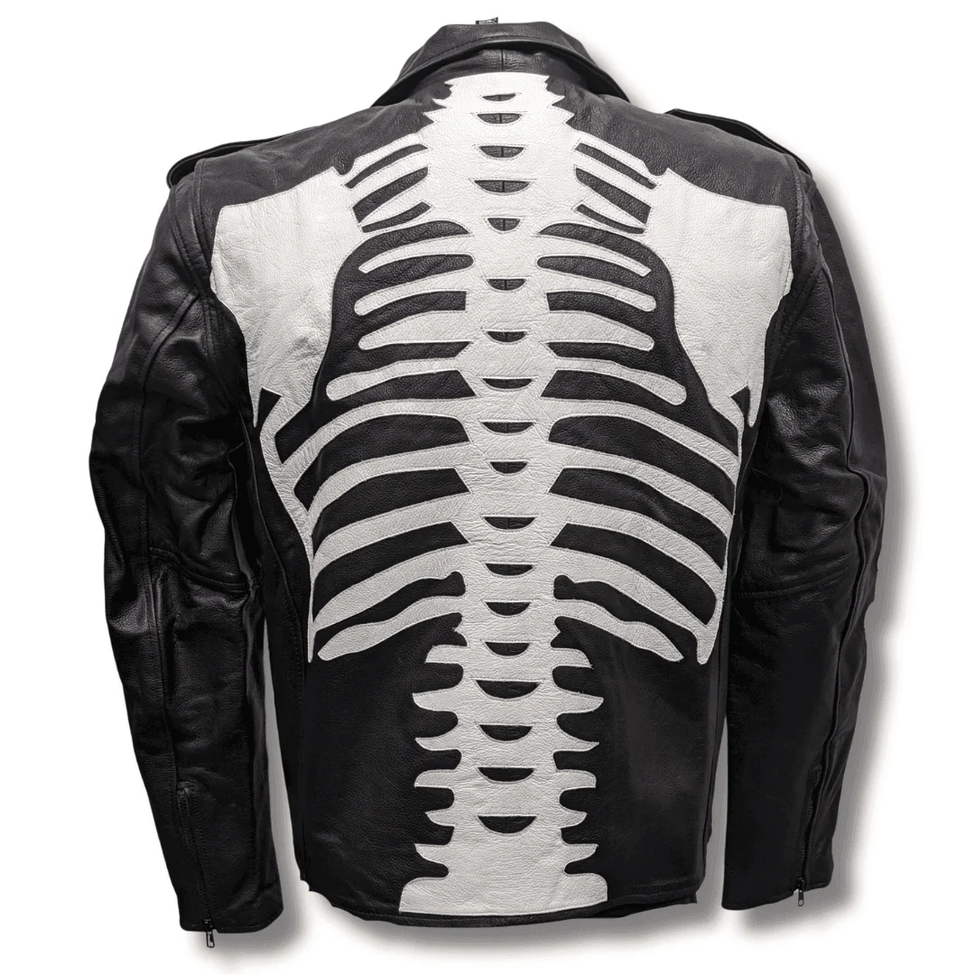 Skeleton Bones White on Black Classic Style Leather Jacket - Image 2